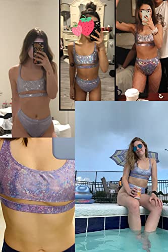 Glitter Rave Outfits For Women - Festival Sexy Scoop Neck Underboob Cutout Crop Top High Waist Bottom Bikini Set (Purple,Xs,1302A) #TOP5