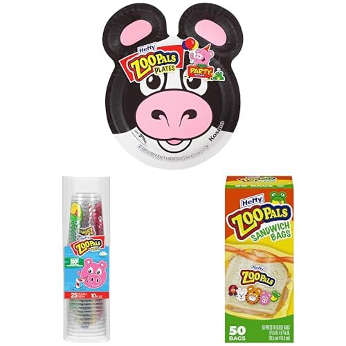 Image of Bundle of Hefty Zoo Pals Paper Plates for Kids, 7.75 Inches, 20 Count + Zoo Pals Animal Printed Plastic Kids Cups, 10 Fl. Oz., 25 Count+ Zoo Pals Press to Close Sandwich Bags, 50 Count