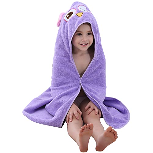 MICHLEY Toddler Hooded Bath Towels for 0-6T, Baby Essentials Cotton Absorbent Kids Washcloth (Owl)