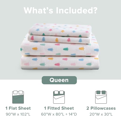 Image of Intelligent Design Flannel Sheets Queen, Cozy Soft 100% Cotton Flannel Bedding, Printed Warm Queen Sheets Set, Ultra Soft Cold Weather Bed Sheet Set, Tree Block, 4 Piece
