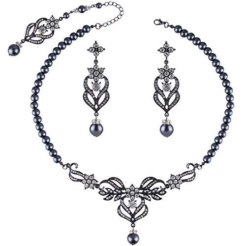 Crownguide Delicate Pearl Bridal Jewelry Set for Women Wedding Pearls Crystal Bridal Necklace and Earring Set Black