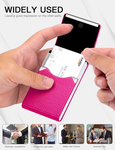 Image of Padike PU Leather Business Card Holder for Women Professional Business Name Card Holder Stainless Steel Business Card Case with Magnetic Shut (Rose red)
