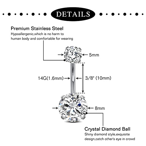 Anicina Belly Button Ring 14G Clear Diamond Cz Belly Rings Surgical Stainless Steel Navel Rings Butterfly Heart Devil Belly Button Piercing Jewelry For Women Silver #TOP2