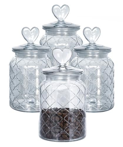 Image of MARTVIA Black Glass Food Storage Jars with Glass Lids 1000 ML Set of 4, Love Heart Handle Lid Jar for Home Kitchen,Flour, Sugar, Coffee, Pasta, Oats, Cookies, Snacks (Love 1000ML Jar, SET OF 4)