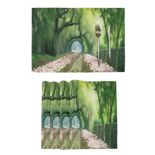 YANENDIE Green Grove Garden Flower Path PlaceMats 6 Pack Heat-Resistant Washable Place Mats, Non-Slip Table Mats for Dining Home Decor, 12