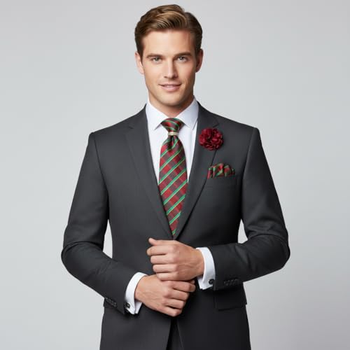 Image of 5PCS Mens Silk Designer Tie, Pocket Square, Cufflinks, Drilled Tie Ring and Lapel Pin Set for Wedding Groom Party