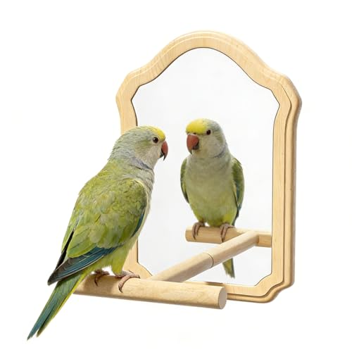 Mirror with Perch for Parrots Wooden Standing Bird Mirror Toy Chewing Perch with Reflective Mirror for Cockatiel Lovebird Parakeet Bird Cage Accessories (Small Mirror 15cm)