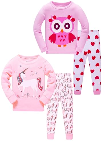 ZEBZOO Girls Pajamas 4 Pieces Set Unicorn Owl Toddler Long Sleeve Sleepwear 100% Cotton PJ for Toddler Size 12
