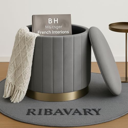 Image of Round Velvet Luxurious Storage Ottoman, Pouf with Storage Vanity Stool Chair,Upholstered Foot Rest Stool with Gold Strip Base for Living Room or Bedroom (Grey, Medium- 36Dx36Wx40H)