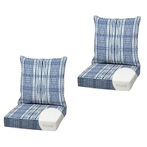 Image of Arden Outdoor Foam Deep Seat Cushion, 2-Pack, 22x24, Premium High-Density Foam, Never Flattens, Weather-Proof for Patio Chair Sofa Couch, Blue Shibori Stripe