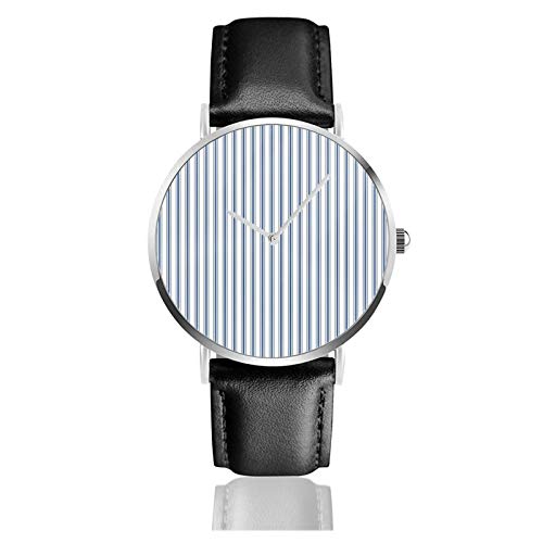 Lederuhr Matratze Inlett Schmal Streifen Muster in Dunkelblau und Weiß Unisex Klassisch Casual Mode Quarzuhr Edelstahl Uhr mit Lederband