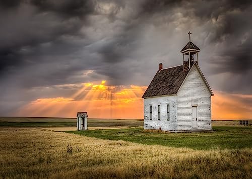 Loccor Fabric 7x5ft Countryside Photography Backdrop Old Abandoned Church Sunset Sun Rays Clouds Field Nature Scenery Background Adult Children Outdoor Portrait Video Photo Booth Studio Props