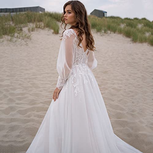 SanLIJIAN Women's Beach V-Neck Puff Sleeve Wedding Dress Tulle High Slit Backless Bridal Gown Lace Applique2