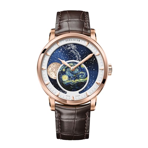 AGELOCER Luxury Automatic Mechanical Watches, Original Men Watch with 3D Starry Sky Moon Phase Watch Dial Skeleton Leather Men's Wrist Watch
