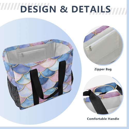 Large Waterproof Travel Tote Bag for Women Men, Watercolor Pink Blue Mermaid Scales Canvas Beach Bag with Lining & Pockets - Reusable Grocery/Laundry/Kitchen/Pool/Picnic Tote (15.4x9.8x12.8i4
