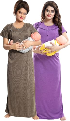Image of Fabme Women's Polycotton Nursing Nightgown - Concealed Zip, Long, Textured Nighty for Maternity, Feeding