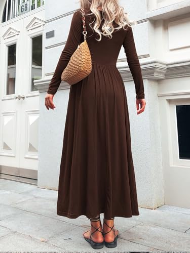 Image of Mieazom Long Sleeves Maxi Dress for Women A Line 2025 V Neck Casual Button Boho Tshirt Long Dress with Pockets