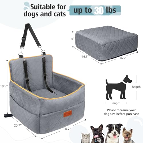 HEGGCOOE Dog Car Seat for Small Medium Dogs, Memory Foam Puppy Dog Booster Seat with Thick Cushion for Dogs Under 35lbs, Detachable Washable Pet Car Seat Travel Bed with Storage Pockets,2 Safety Belts HEGGCOOE Dog Car Seat for Small Medium Dogs, Memory Foam Puppy Dog Booster Seat with Thick Cushion for Dogs Under 35lbs, Detachable Washable Pet Car Seat Travel Bed with Storage Pockets,2 Safety Belts