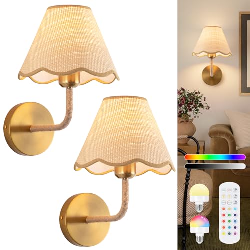 Image of ADISUN Battery Operated Wall Sconce Set of 2, Gold Wall Lamps for Living Room, Rattan Shade, Dimmable, Wireless Wall Lights for Bedroom Living Room Hallway Kitchen(2 Bulbs Included)