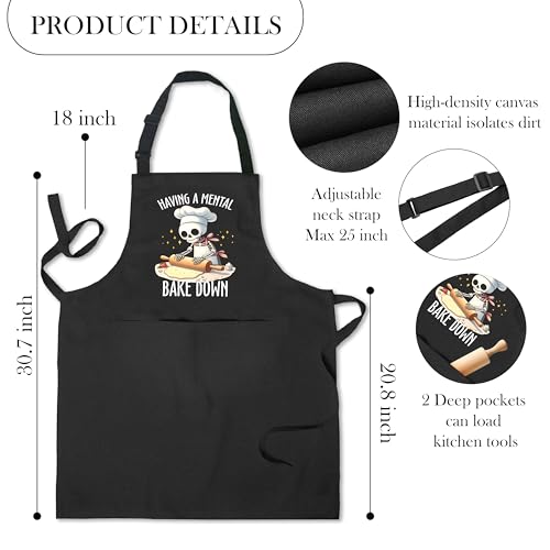 HUGANE Funny Skeleton Baker Baking Apron with Pockets, Baking Lovers Bread Baker Gifts, Having a Mental Bake Down Waterproof Adjustable Cooking Apron for Kitchen Dishwashing Grilling
