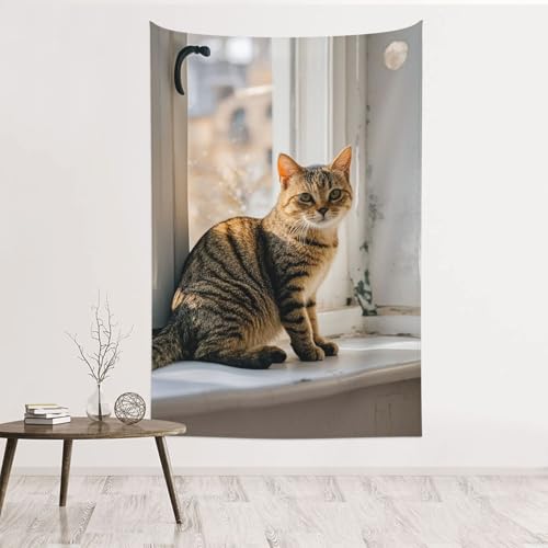 Tapisserie murale chat décoration chambre grand format velours pêche sans trou