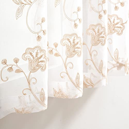 Image of Beige Sheer Curtains Embroidery 63 Inch Length Rod Pocket Voile Drapes for Living room, Bedroom, Window Treatments Semi Flower Pattern Curtain Panels for Kitchen, Yard, Farmhouse, Set of 2, 52 inchx 63 inch.