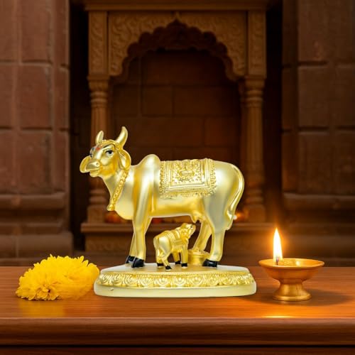 Image of Gold Plated Kamdhenu Cow with Calf Idol | Matte Finish Gau MATA Statue for Home & Pooja | Sacred Cow & Calf Figurine | Ideal Gift for Festive & Spiritual Occasions | 9 x 6 x 10 cm