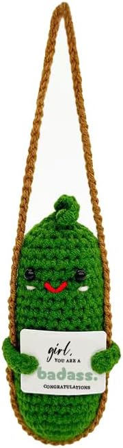 Handmade Crochet Cucumber Ornament with Hanging Cord, Wool Knit Decor with Inspirational Card, Wall & Car Hanging Art Craft, Positive Aesthetic Decoration for Adult Collection (girl, YOU ARE A badass)