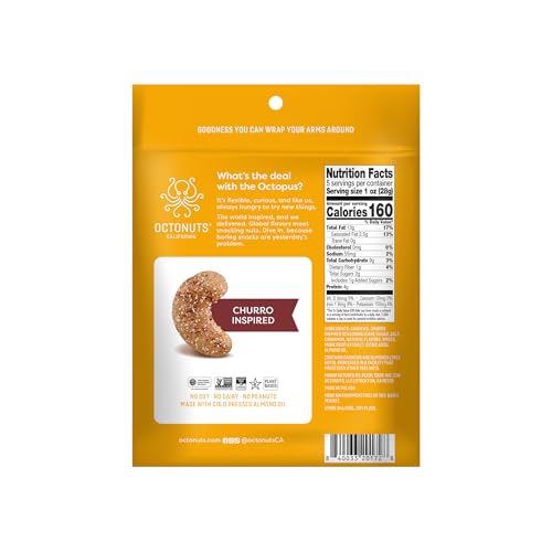 Image of Octonuts Churro Cinnamon-Sugar Cashews - Sweet Crunchy Roasted Cashew Snack in Almond Oil, Gluten-Free Vegan Non-GMO, Certified Peanut-Free Plant-Based Protein Treat for Trail Mix, Desserts & On-the-Go Snacking (8oz Bag - Resealable )