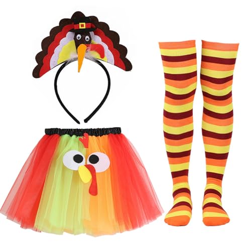 NIUEFH Thanksgiving Turkey Trot Costume Set Turkey Tutu Skirt Headband & Running Socks for Thanksgiving Party Dress Up
