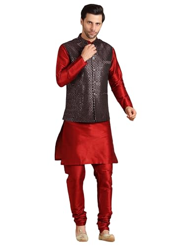 Image of men's Silk Blend Kurta Pejama & Waistcot Set