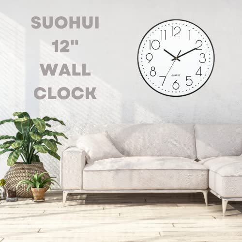 Suohui 12 Inch Silent Wall Clocks Battery Operated Non-Ticking Round Clock Symple Modern Style For/Office/School/Classroom/Home/Livingroom Decor(White Dial) #TOP6