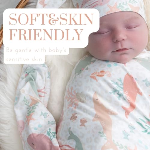 Image of Newborn Swaddle Sets with Headband Beanie and a Name Card Baby Snug Wrap Receiving Blanket for Baby Boys Girls (Pink Ocean Fish)