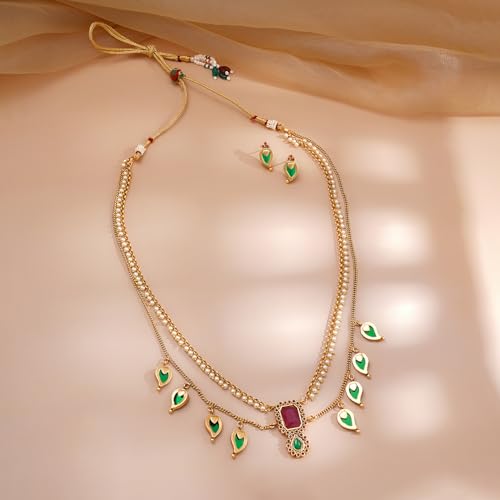 Image of Rubans Necklace Set Gold Plated Traditional Stylish Floral Theme Jewellery Gift for Women & Girls