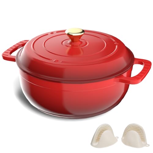 LEADZM Cocotte Fonte Induction 26cm 4,7L, Casserole Induction, Faitout pour Braiser Ragoûts Rôtir Pain (Rouge)