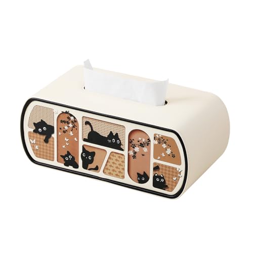 MEIBOOCH Cat-Themed Tissue Box Cover Cat Lover Gifts PU Leather Tissue Cover Square/Rectangular Tissue Holder for Bathroom Living Room Office (Beige Rectangle - for 120/160 Count Tissue Boxes)