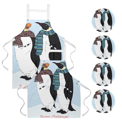Lot de 2 tabliers de cuisine à motif pingouin avec 4 broches pour la pâtisserie