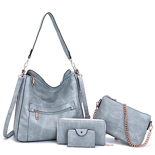 Large Crossbody Purses Set For Women Shoulder Bag Tote Handbags Ladies Hobo Bags With Wallet 4PCS GreyBlue