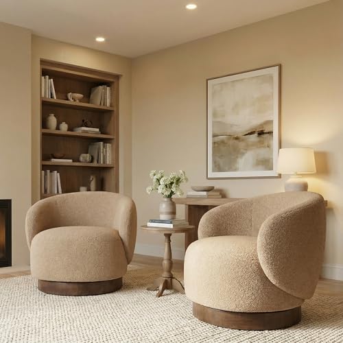 KISLOT Swivel Accent Chair Round Barrel Armchair Upholstered Performance Fabric for Living Room Bedroom Waitingroom,2 Box,Sand