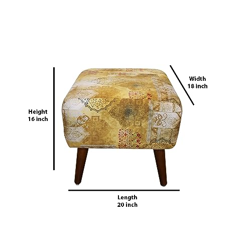 Image of The Artage Puffy Stool For Living Room Vanity Dressing Table Sitting Printed Premium Foam Cushioned Pouffe Ottoman for Foot Rest In Yellow Brown Home Decor Furniture Wooden (Floral) (Traditional Hues)