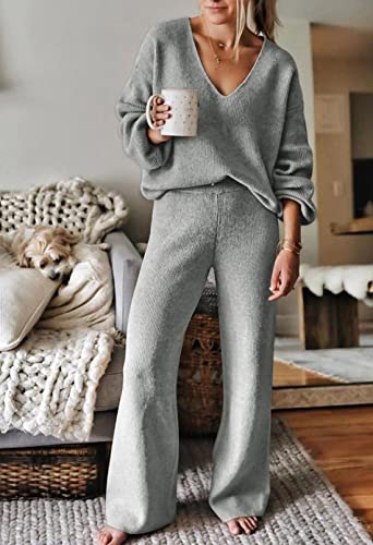 Image of Viottiset Women's 2 Piece Outfits Casual V Neck Knit Wide Leg Sweater Lounge Set Sweatsuit