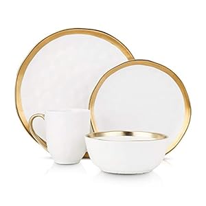 Stone Lain Modern Poreclain 16 Piece Dinnerware Set, Plates and Bowls Set, Dish set for 4, White And Golden Rim