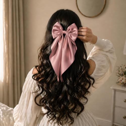 Image of 2 Pack Red & Pink Satin Hair Bow Clips for Women, Cute Hair Accessories for Girls, Hair Bow Clips for Women and Girls, Luxury Silky Satin, Hair Clip - Hair Bows for Women, Bow Hair Clips