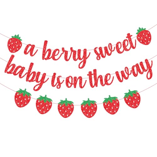 A Berry Sweet Baby Is On The Way Banner with Strawberry Garland Berry Fruit Themed Baby Shower Gender Reveal Decorations Summer Garland Photo Prop for Indoor Outdoor Welcome Baby Party Supplies