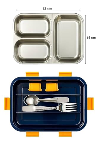 Image of 800 ml Stainless Steel Lunch Box, 3 Compartments, Blue | Leak-Proof Tiffin, Includes Spoon & Fork, BPA-Free Food Grade Steel, Dishwasher Safe, for School & Office
