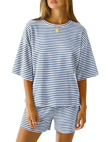 LOMON Summer 2 Piece Sets for Women 3/4 Length Sleeve tops and Elastic Short Pajamas Loungewear (White Blue Striped M)