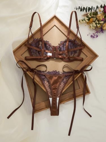 Image of Lilosy Sexy Tie Side Cute Underwire Push Up Strappy Embroidered Mesh Sheer Lingerie Set