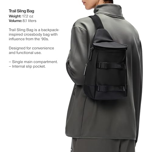 Image of RAINS Trail Sling Bag - Black Waterproof Crossbody Bag for Men and Women with Coated Zip Closure, Airmesh Back Panel and Compression Straps - 2 Year Warranty