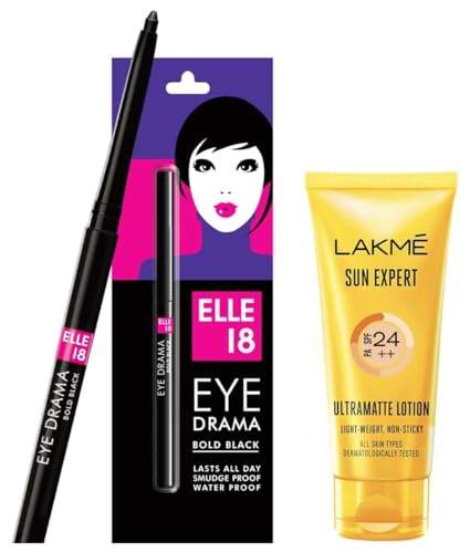 Image of LAKME Sun Expert Spf 24 Pa++ Ultra Matte Sunscreen For All Skin Types Lotion 50 Ml & Elle 18 Eye Drama Kajal, Super Black, Smudgeproof & Waterproof, 0.35 G, Matte Finish, 2 count