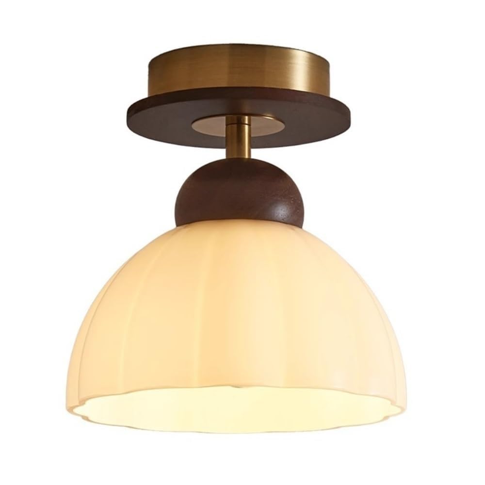 Plafonnier en bois de noyer et verre opalin, luminaire chic pour entrée et couloir